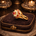 Vintage Style Gold Electroplate Ruby Red & Clear Crystal Floral Cocktail Ring – Size 6.75