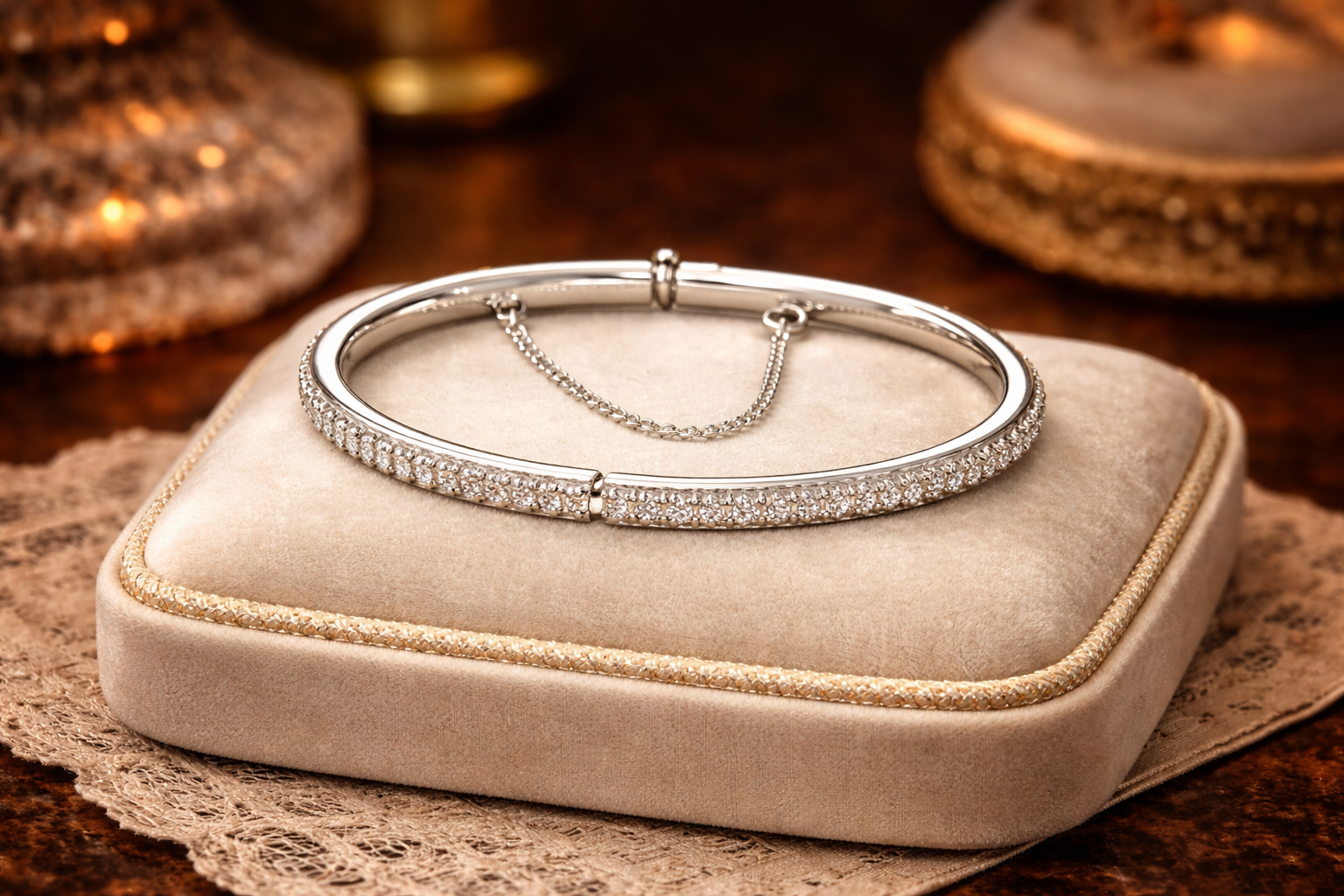 (SOLD) Silver Tone Hinged Bangle Bracelet with Crystal Edge