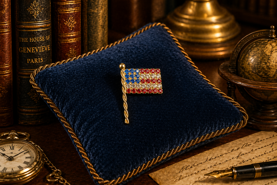 Signed Eisenberg Ice gold-tone American flag brooch with red, clear and blue crystals