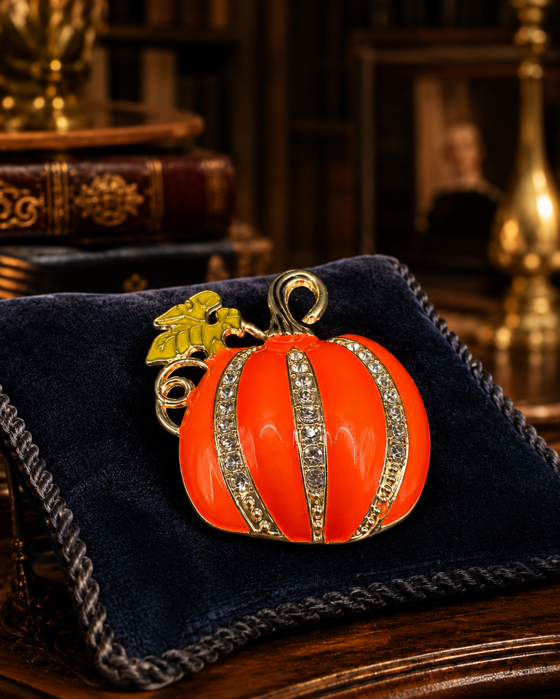 Gold-tone orange pumpkin brooch with clear rhinestone stripes