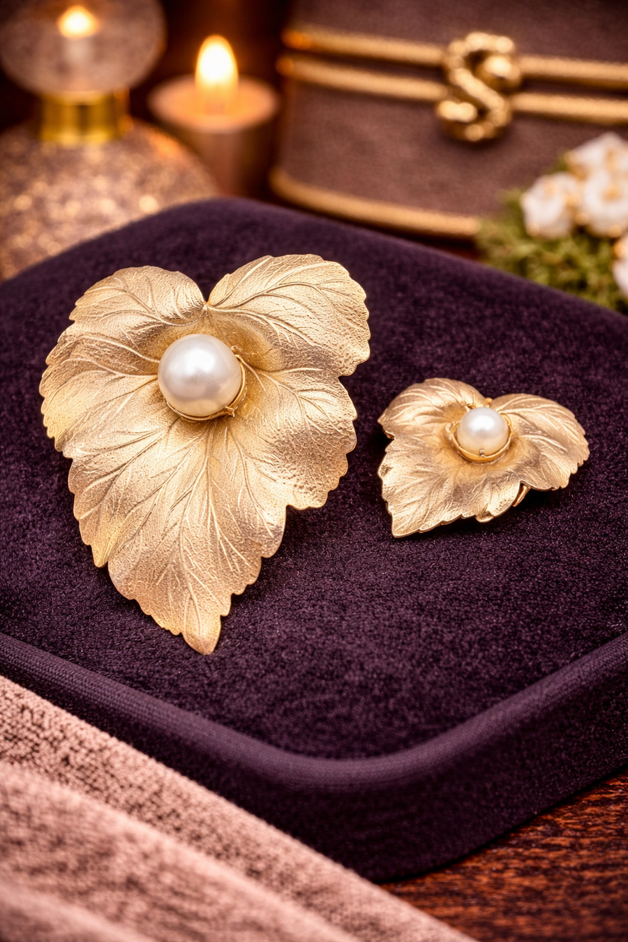 1960s–70s Sarah Coventry Gold Tone Leaf Brooch & Earrings Set Faux Pearl Floral Jewelry