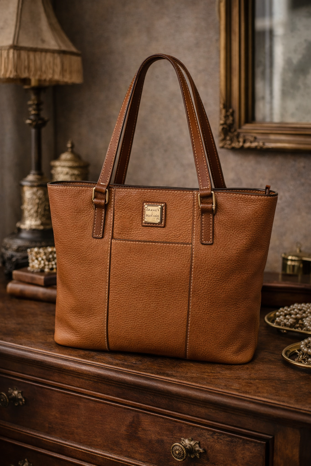 Dooney & Bourke Pebbled Leather Shopper Tote Camel Tan Red Lining Shoulder Bag