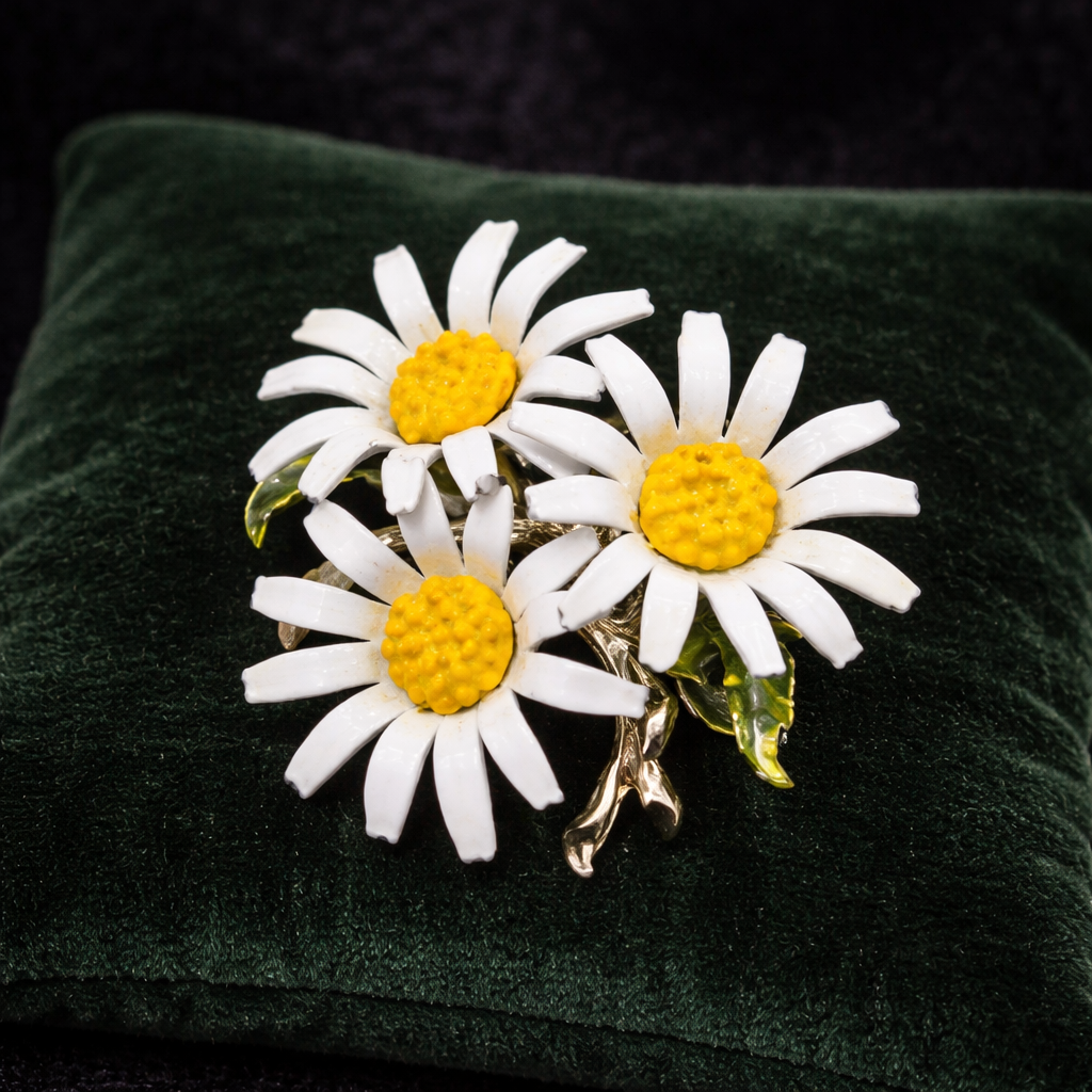 Gold-tone brooch with a cluster of white enamel daisies and yellow centers