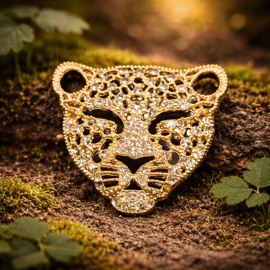 Gold-tone openwork leopard face brooch with clear rhinestone accents