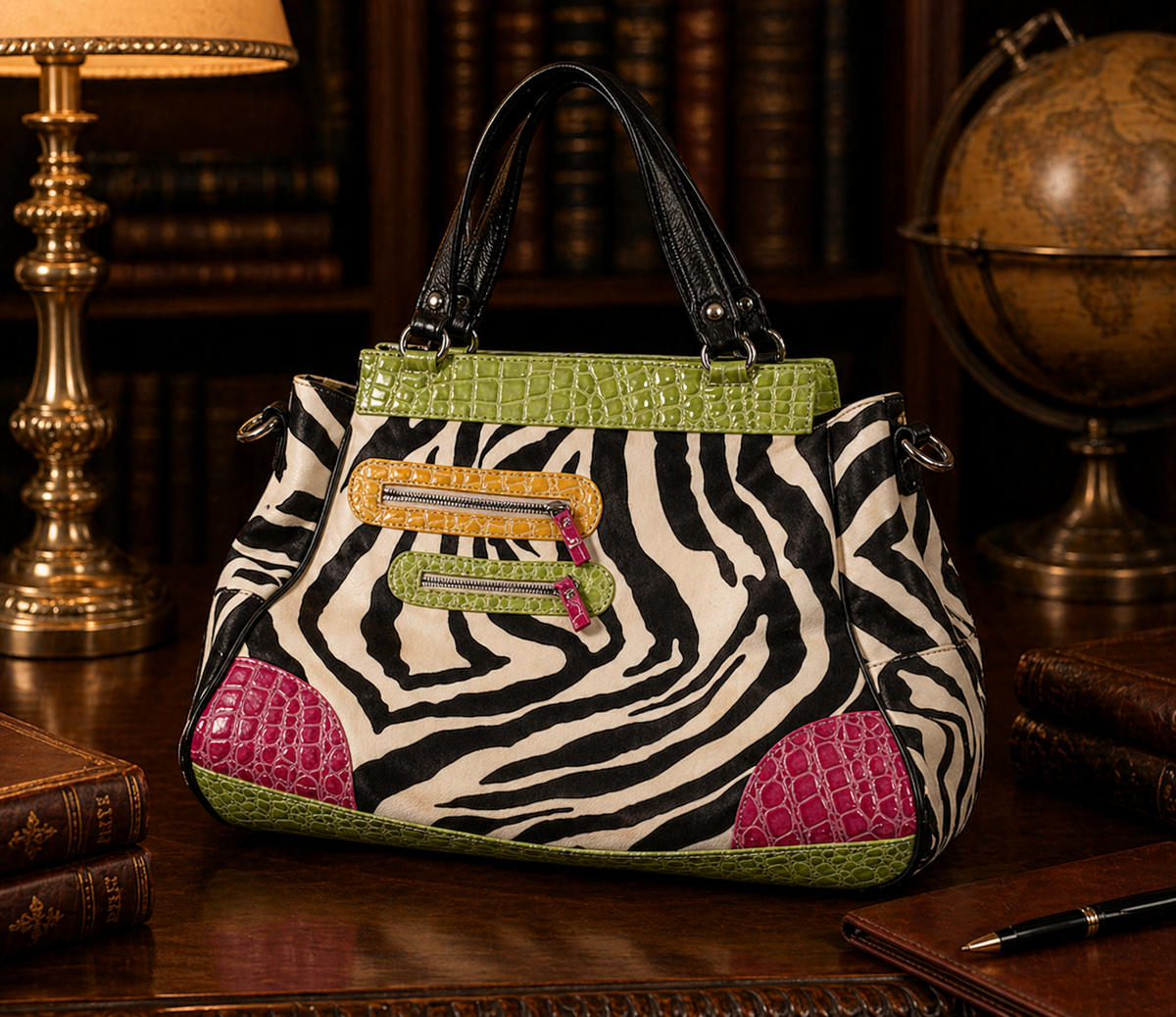 Large zebra print tote with pink and green croc-embossed trim and black handles