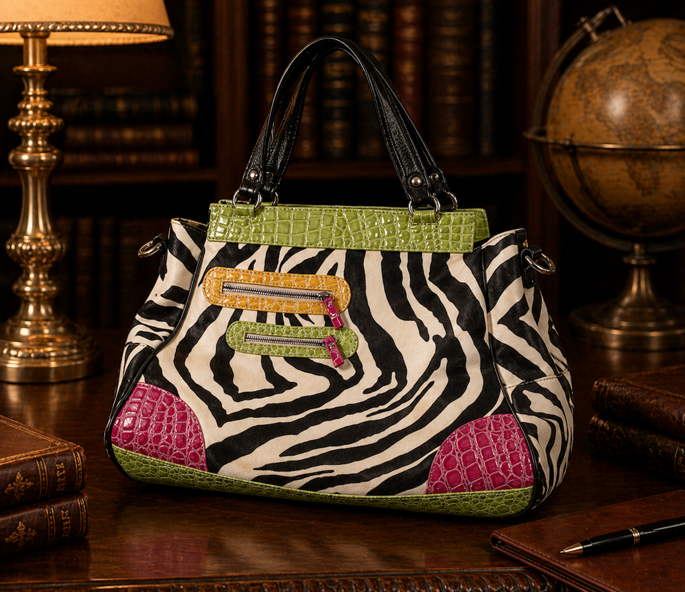 Fun Zebra Print Tote with Pink & Green Croc Trim, Large Statement Shoulder Bag