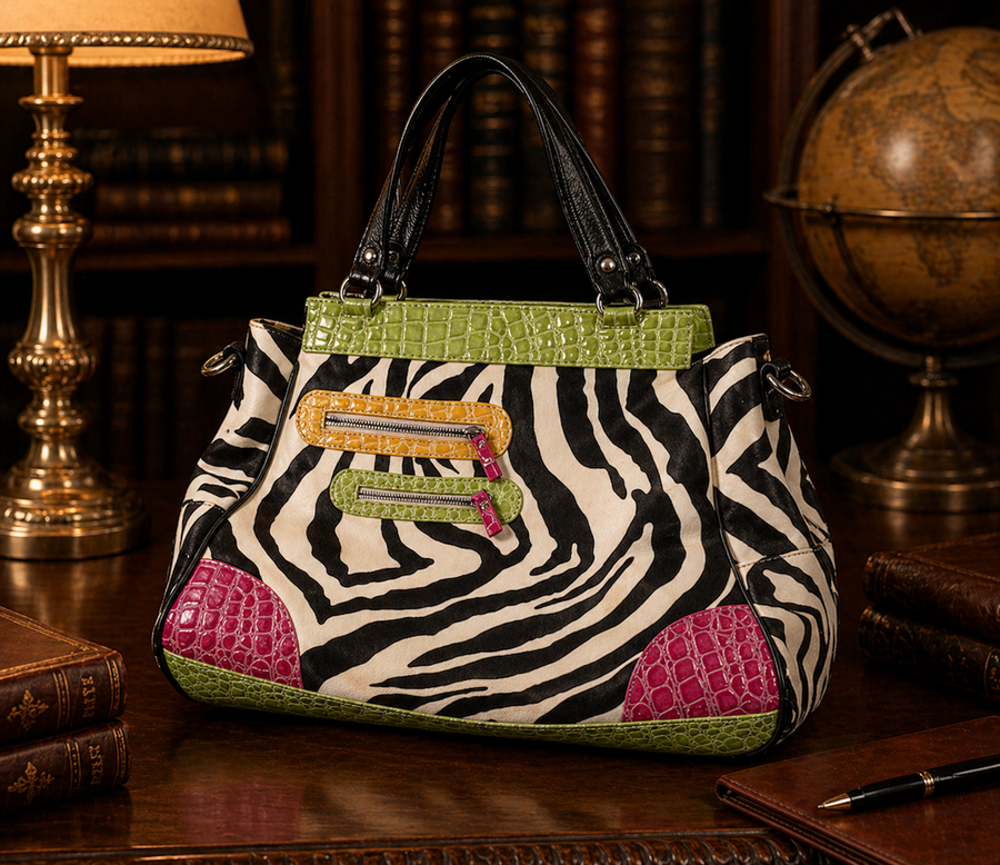 Large zebra print tote with pink and green croc-embossed trim and black handles