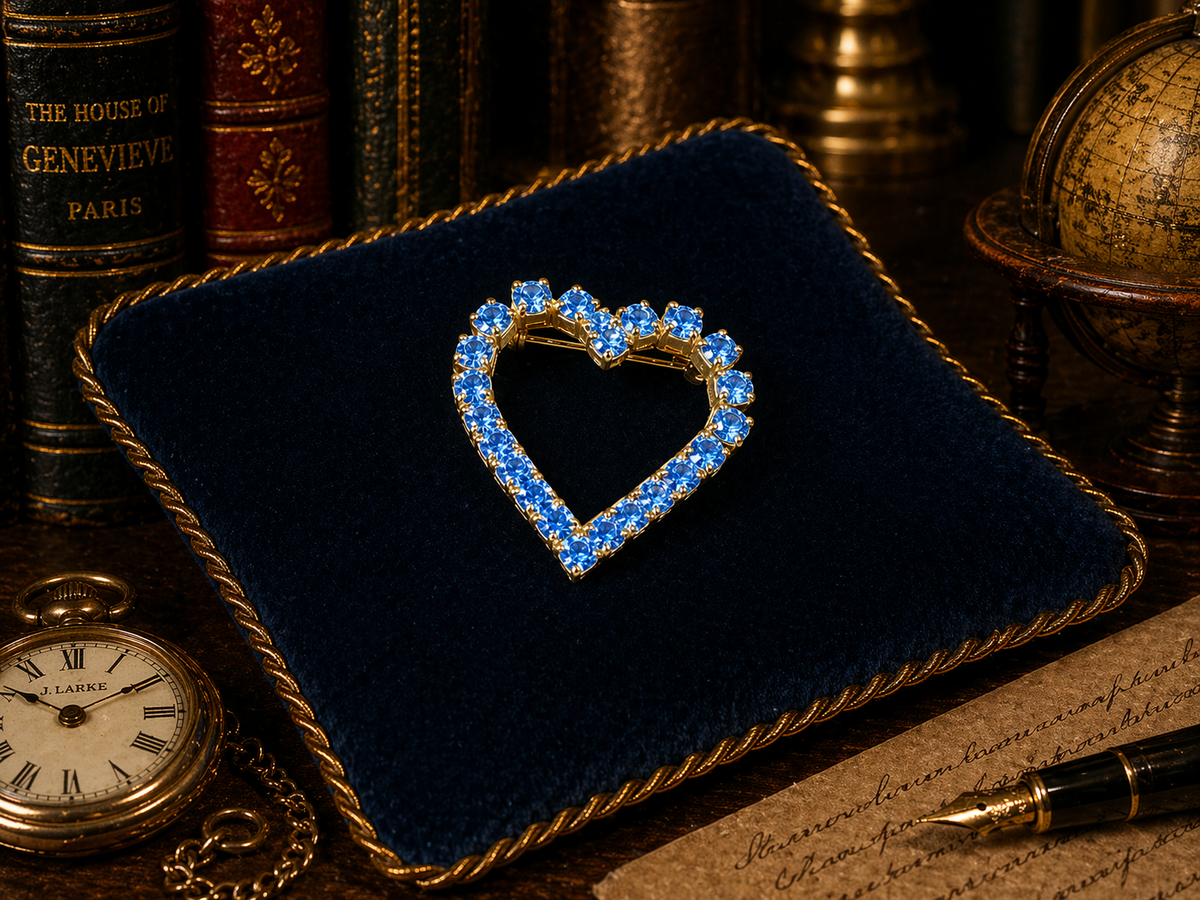 Gold-tone open heart brooch set with blue rhinestones