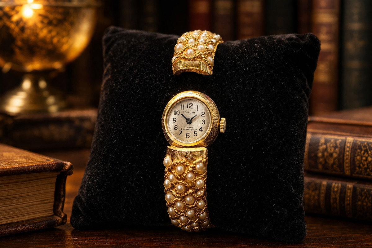 Time Gold Tone Faux Pearl Bracelet Watch Ladies Wristwatch