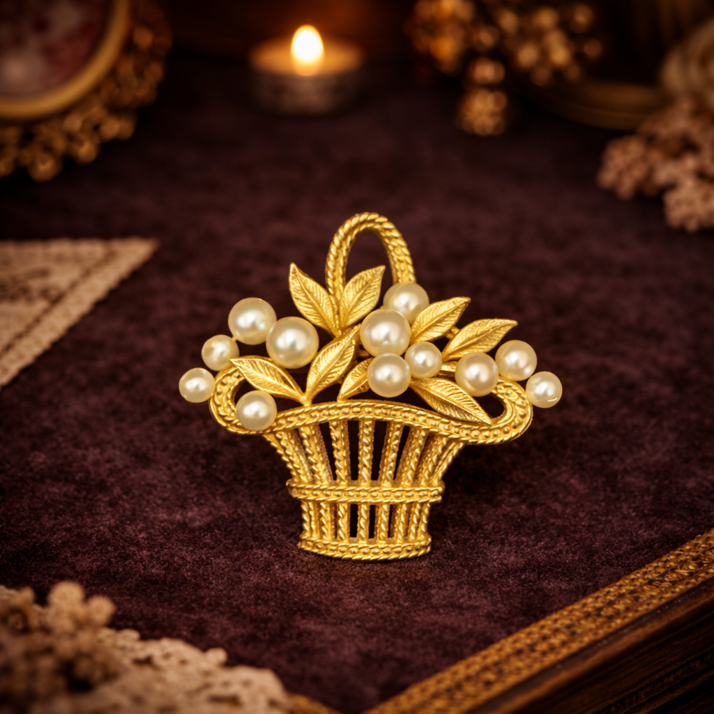 Gold tone faux pearl brooch trio; basket w flowers, wreath and purse with pearl flowers vintage set