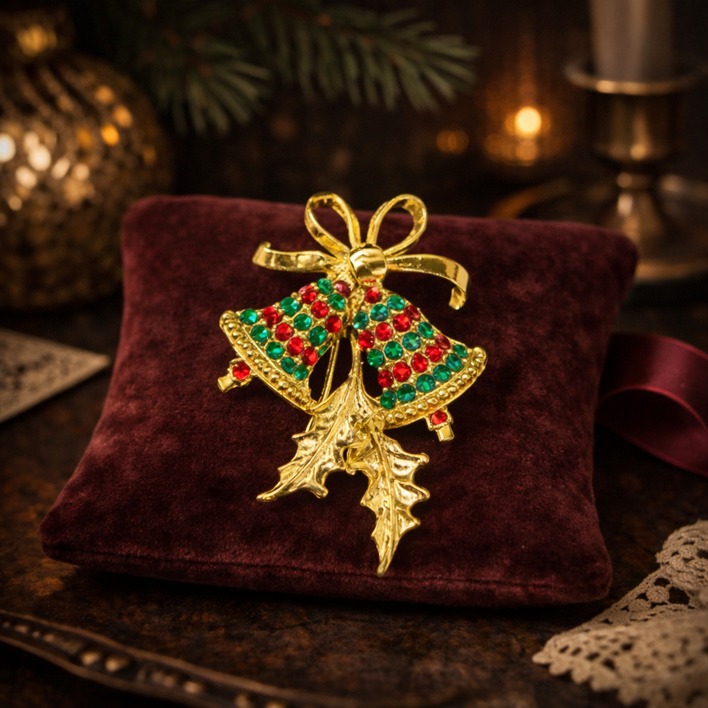 Vintage Christmas Bells Brooch with Red and Green Rhinestones