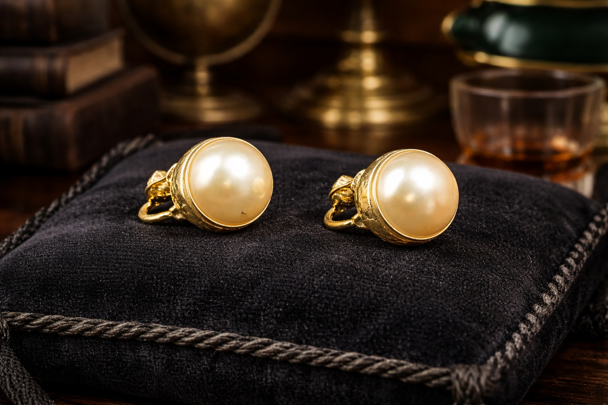 Gold-tone domed faux pearl button screw back earrings