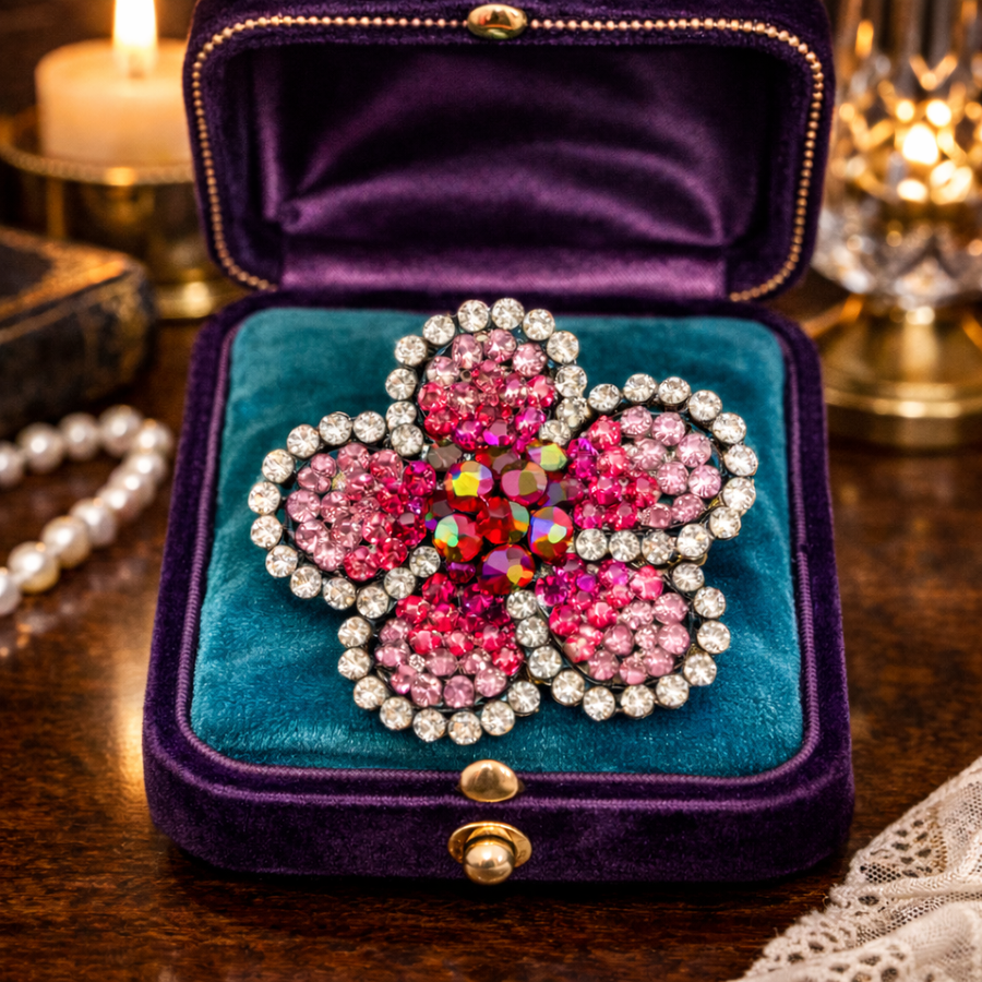 Silver-tone layered flower brooch with pink rhinestones and clear rhinestone halo