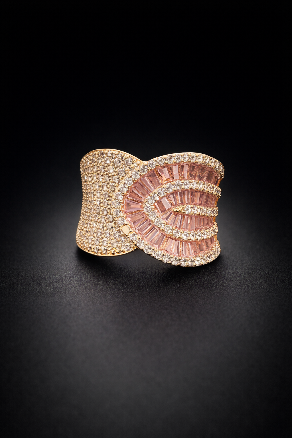 Rose gold-tone sculptural ring with pink rectangular crystals and clear pavé, view 2