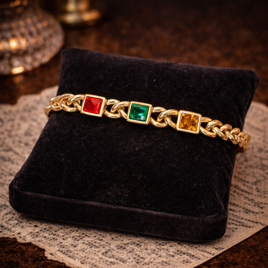 Swarovski Crystal Link Bracelet Multicolor Red Green Yellow Purple Stones Gold Tone Bracelet