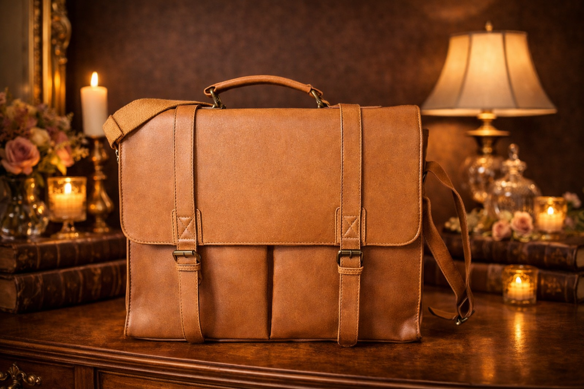 Tan leather flap messenger bag with top handle and shoulder strap