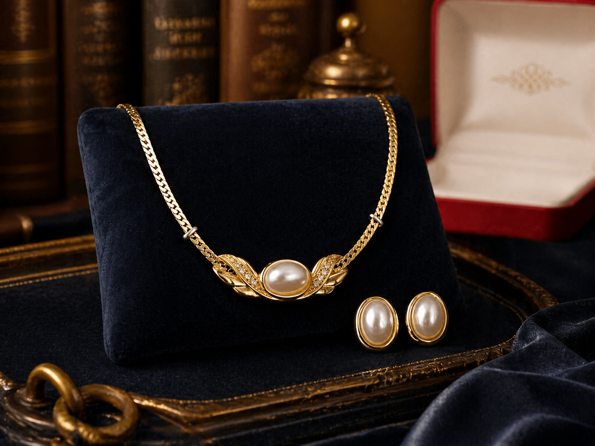 1980s–early 1990s Gold Tone Faux Pearl Necklace and Earring Set With Original Box
