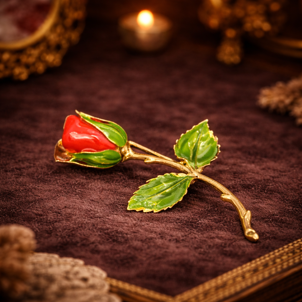 Giovanni Gold Tone Red Enamel Rose Brooch Long Stem Pin Green Enamel Leaves Signed