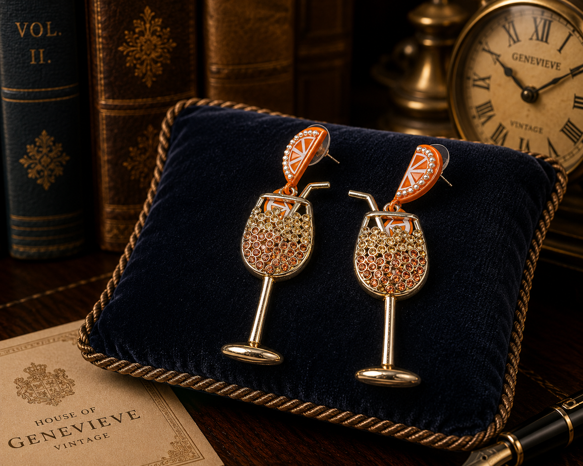Sugarfix gold-tone cocktail glass drop earrings with orange slice accents and crystals