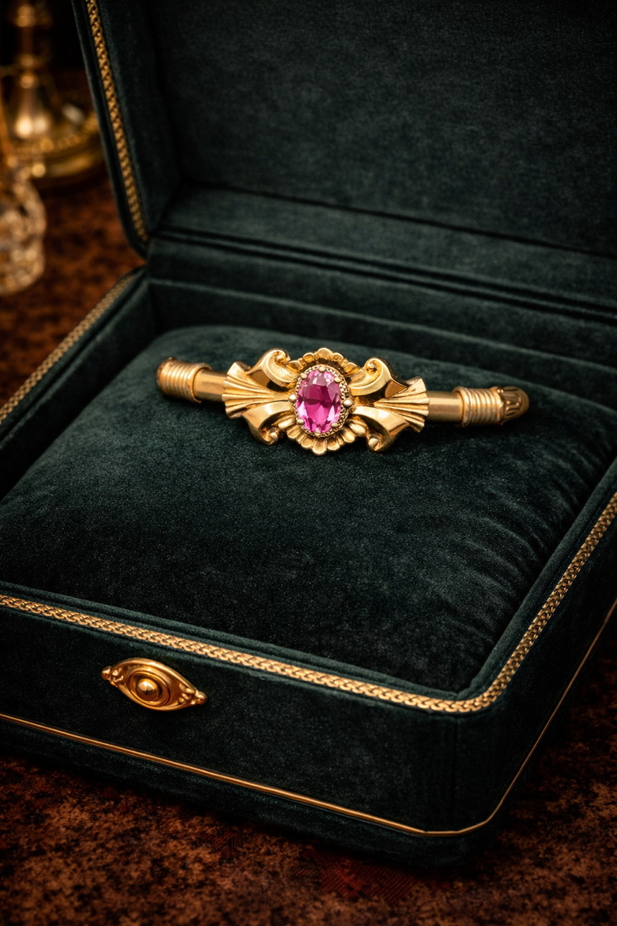1950s–1960s 1/20 10K Gold Filled Pink Stone Bracelet Signed P.S. Co Mid Century Fine Jewelry