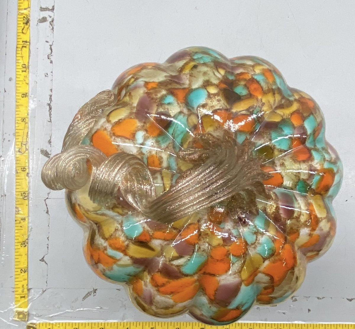 (SOLD) Art Glass Light Up Pumpkin Confetti Mosaic LED Halloween Decor 9 Inch