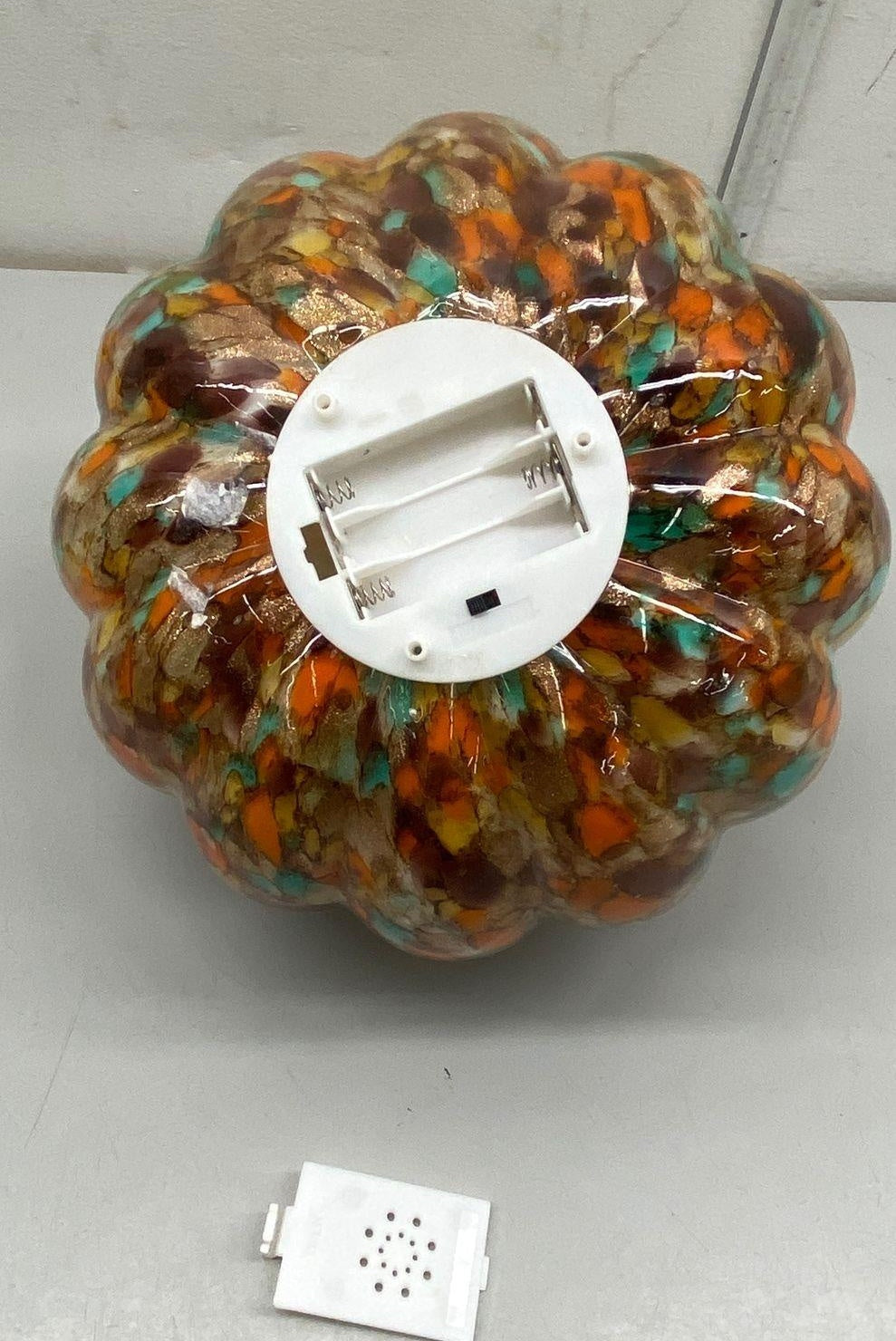 (SOLD) Art Glass Light Up Pumpkin Confetti Mosaic LED Halloween Decor 9 Inch