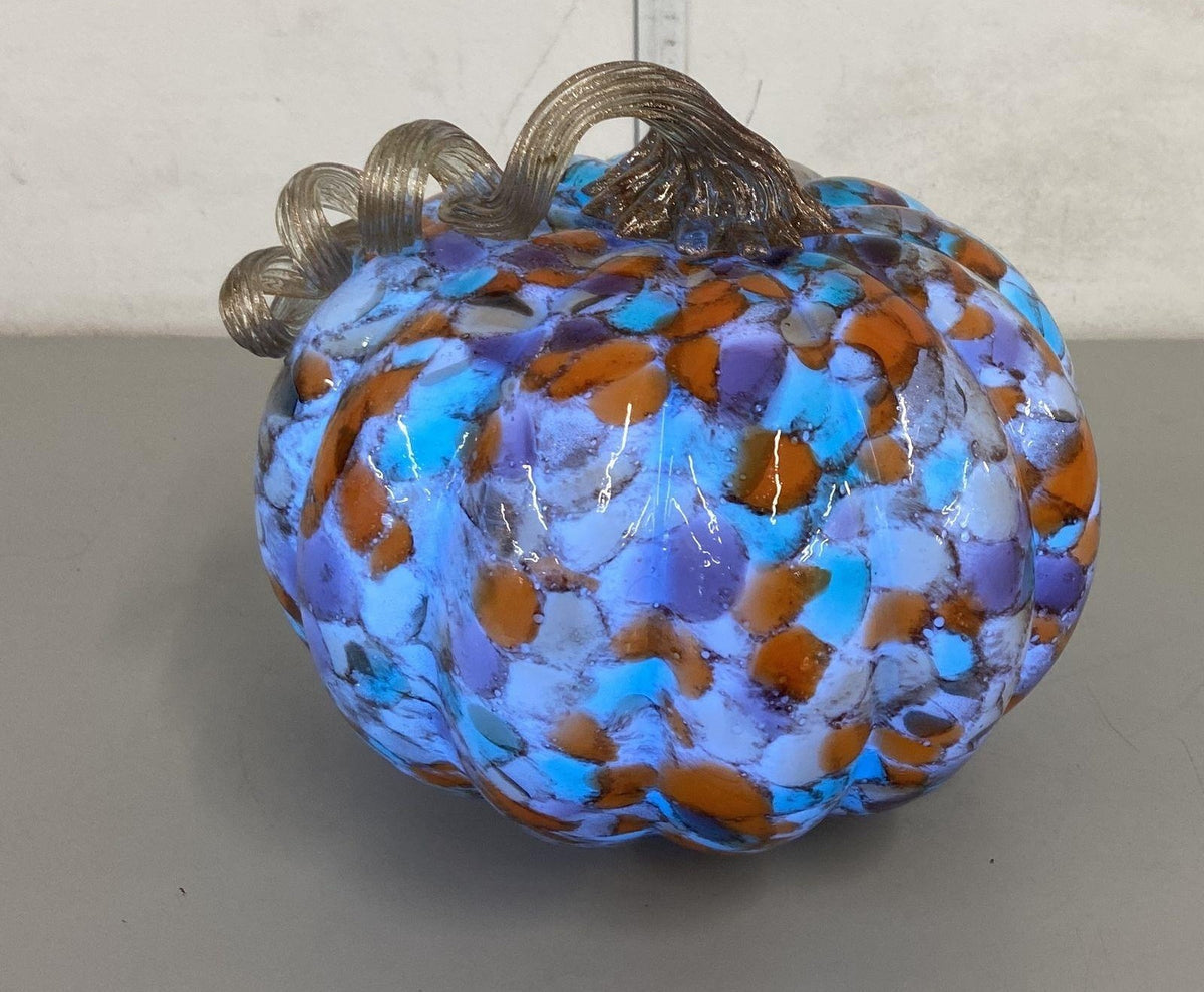 (SOLD) Art Glass Light Up Pumpkin Confetti Mosaic LED Halloween Decor 9 Inch