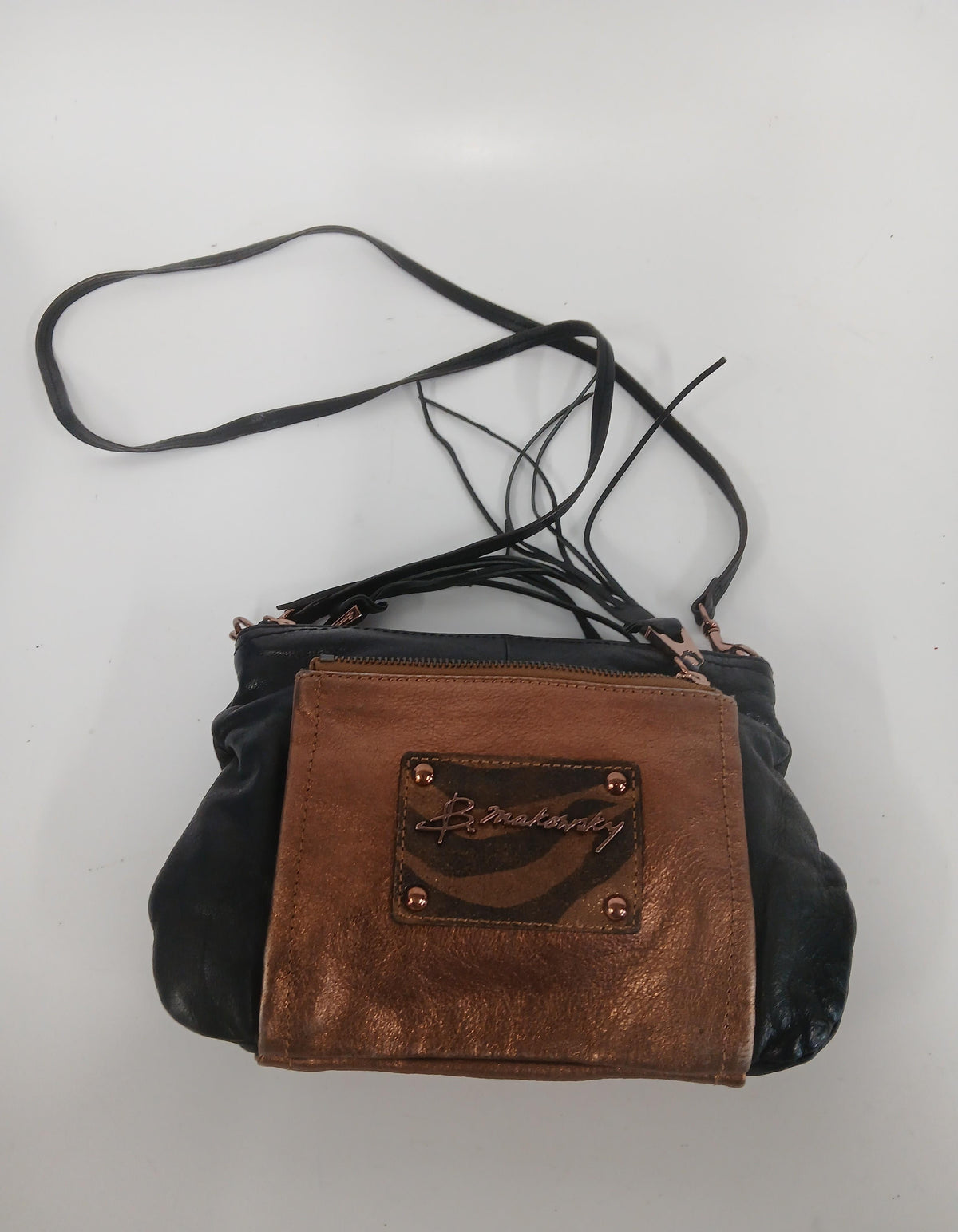 B. Makowsky brown and black crossbody bag with front logo plate and long strap, view 2