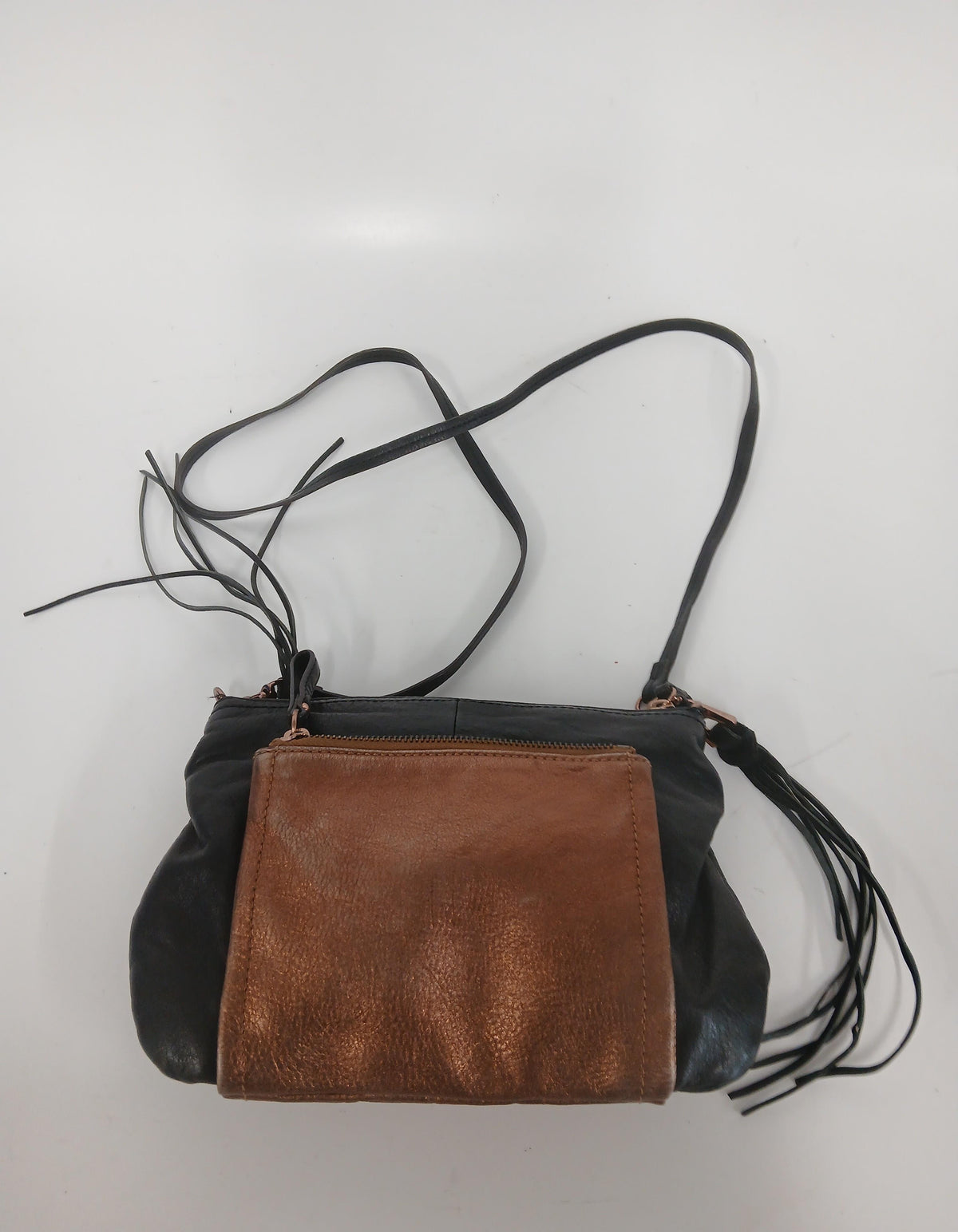 B. Makowsky brown and black crossbody bag with front logo plate and long strap, view 3