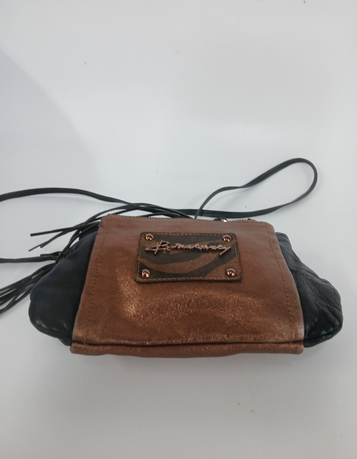 B. Makowsky brown and black crossbody bag with front logo plate and long strap, view 5
