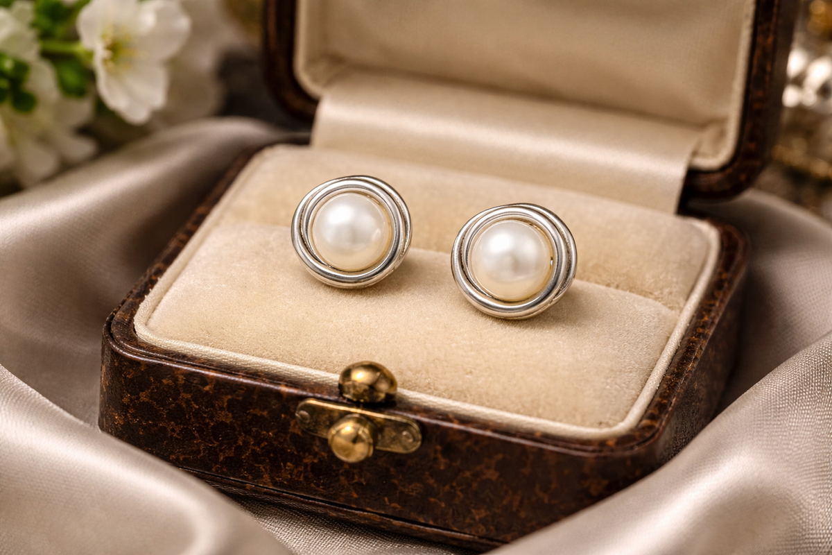 Silver-tone layered button stud earrings with faux pearl centers