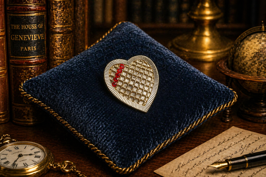 Pale gold-tone heart brooch with open lattice center and red rhinestones