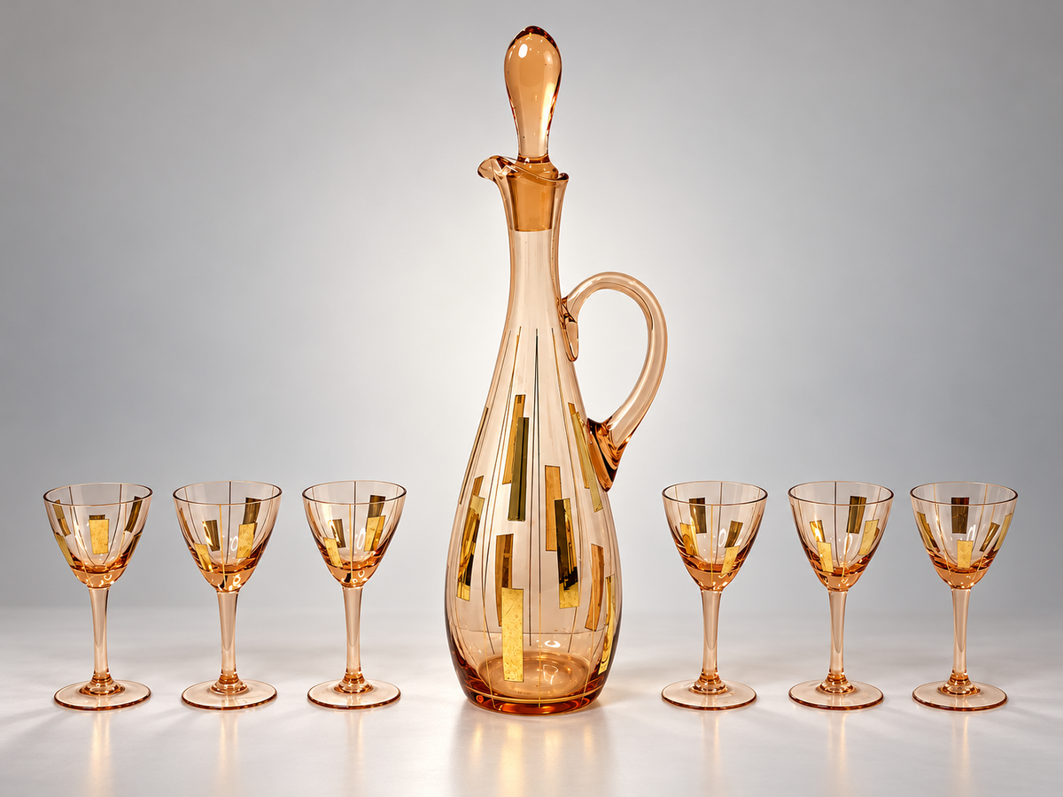 Rose-gold glass handled decanter and six cordial glasses with geometric gold-tone rectangles, view 2