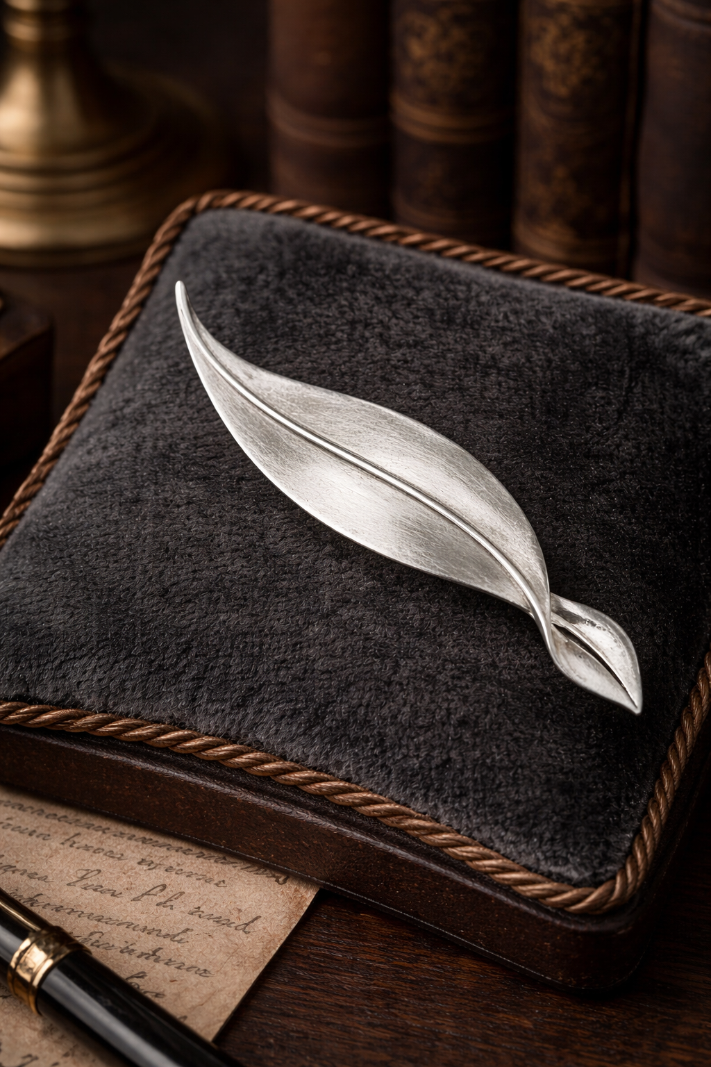 Signed Trifari silver-tone brushed leaf brooch with elongated sculptural form