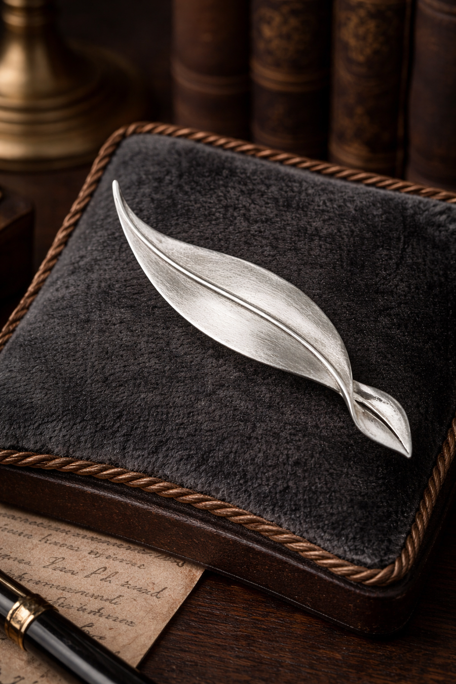 Signed Trifari silver-tone brushed leaf brooch with elongated sculptural form