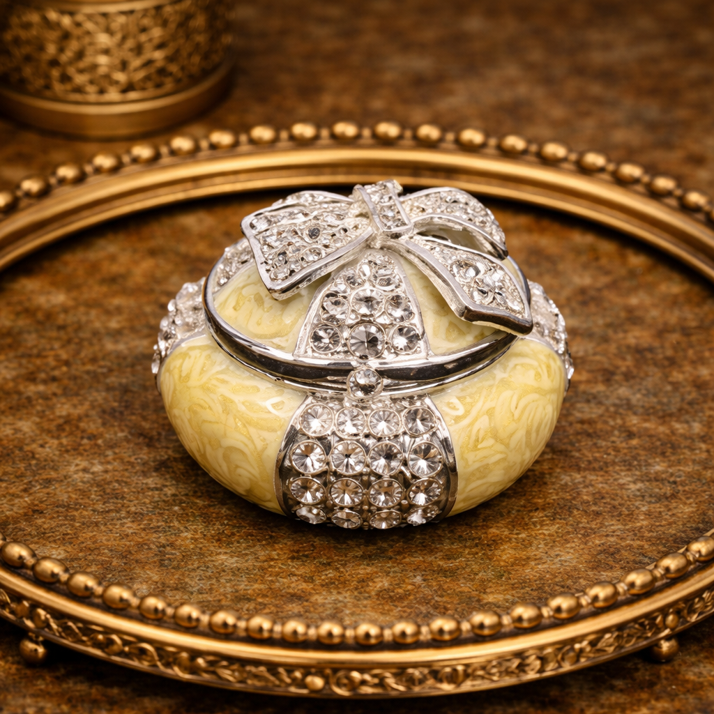 Olive-green marbled enamel mushroom trinket box with rhinestone bands and pavé bow