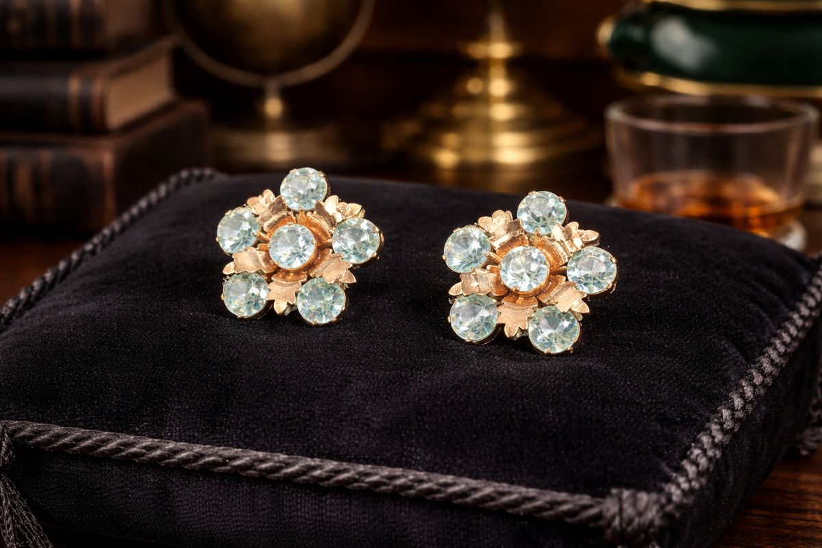 Gold-tone floral cluster screw back earrings with blue faceted crystals