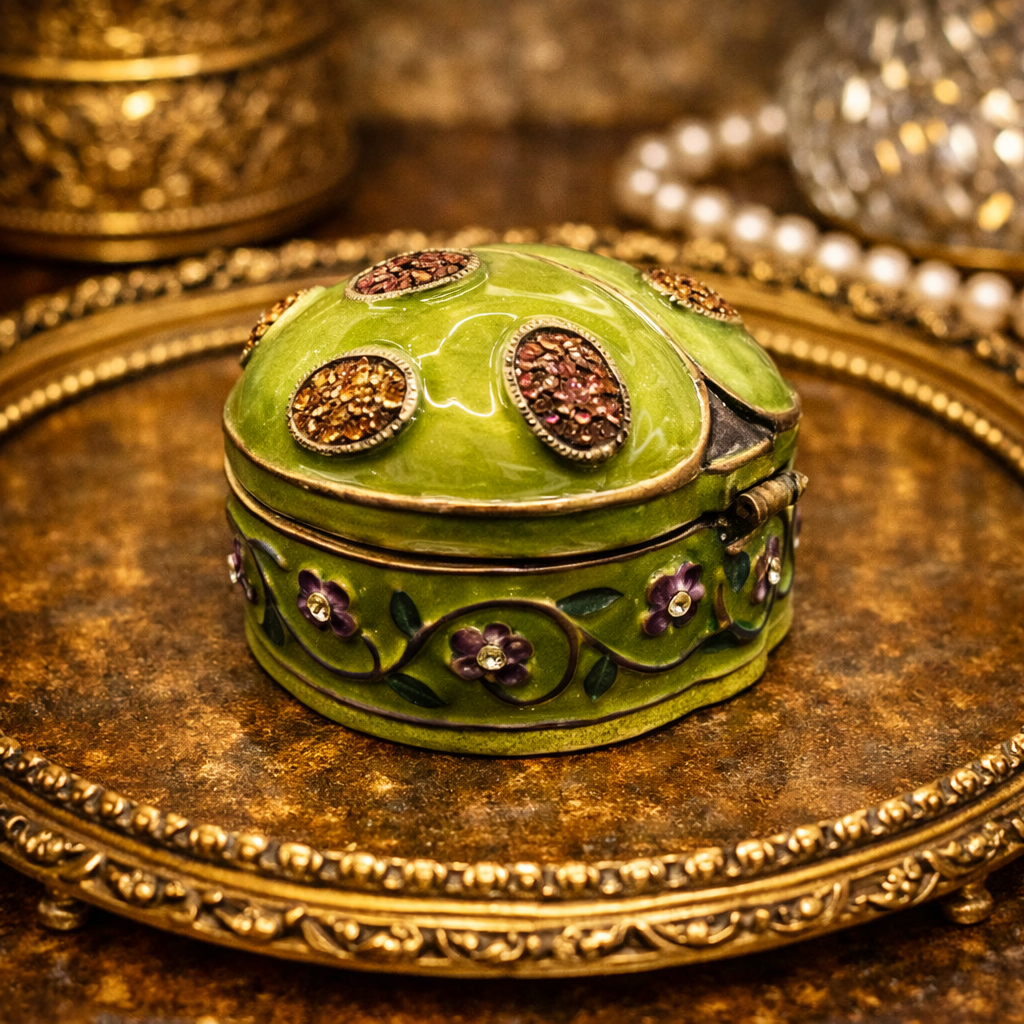 Green enamel ladybug trinket box with floral trim and rhinestone accents