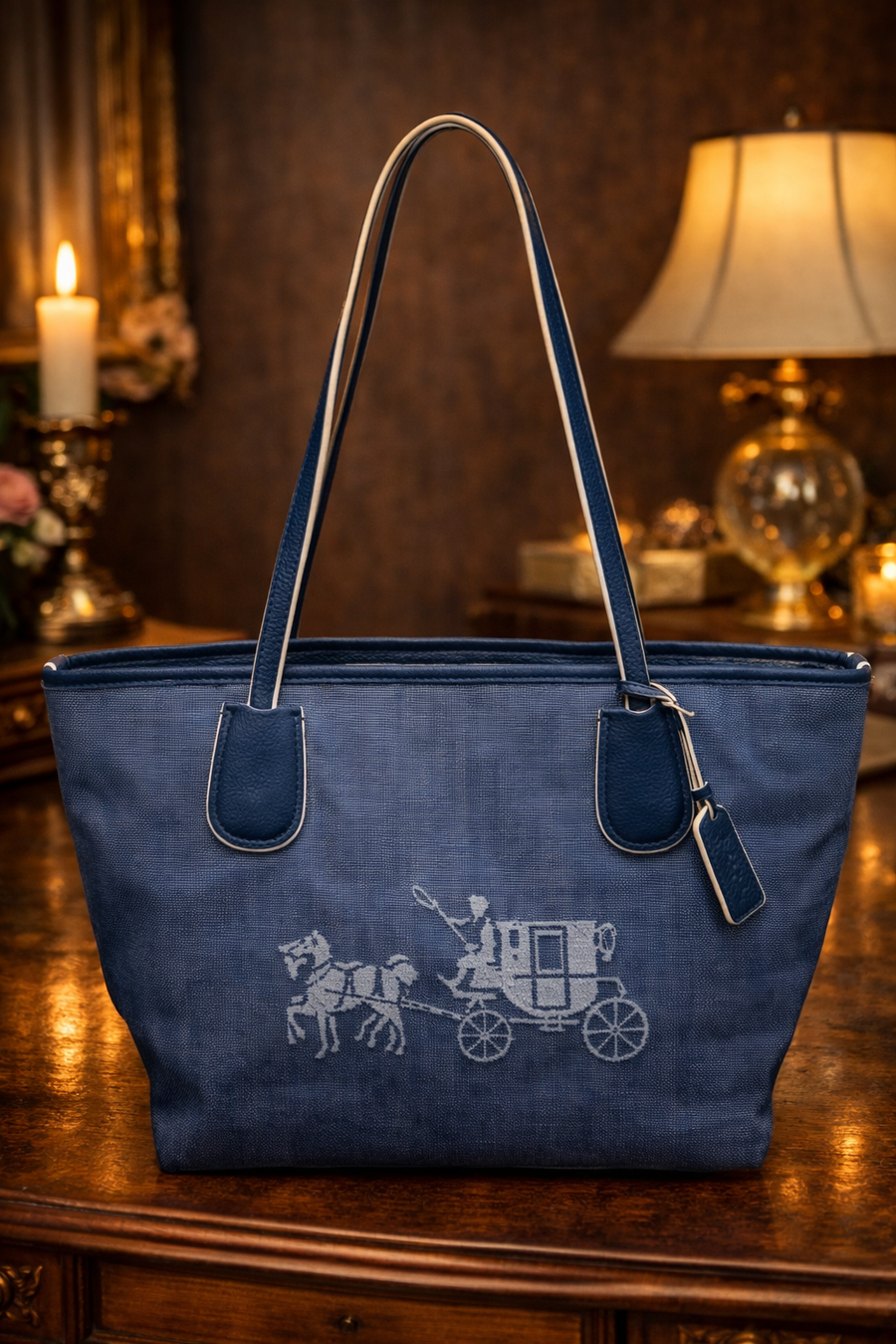 Coach blue canvas tote with Horse and Carriage motif and leather trim