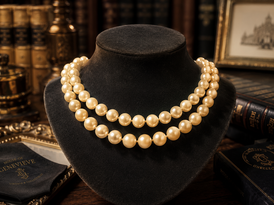 Signed Monet double strand cream faux pearl necklace with gold-tone clasp