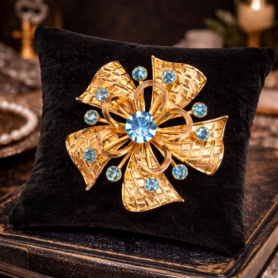 Gold-tone openwork flower brooch with blue and clear rhinestones and pendant loop