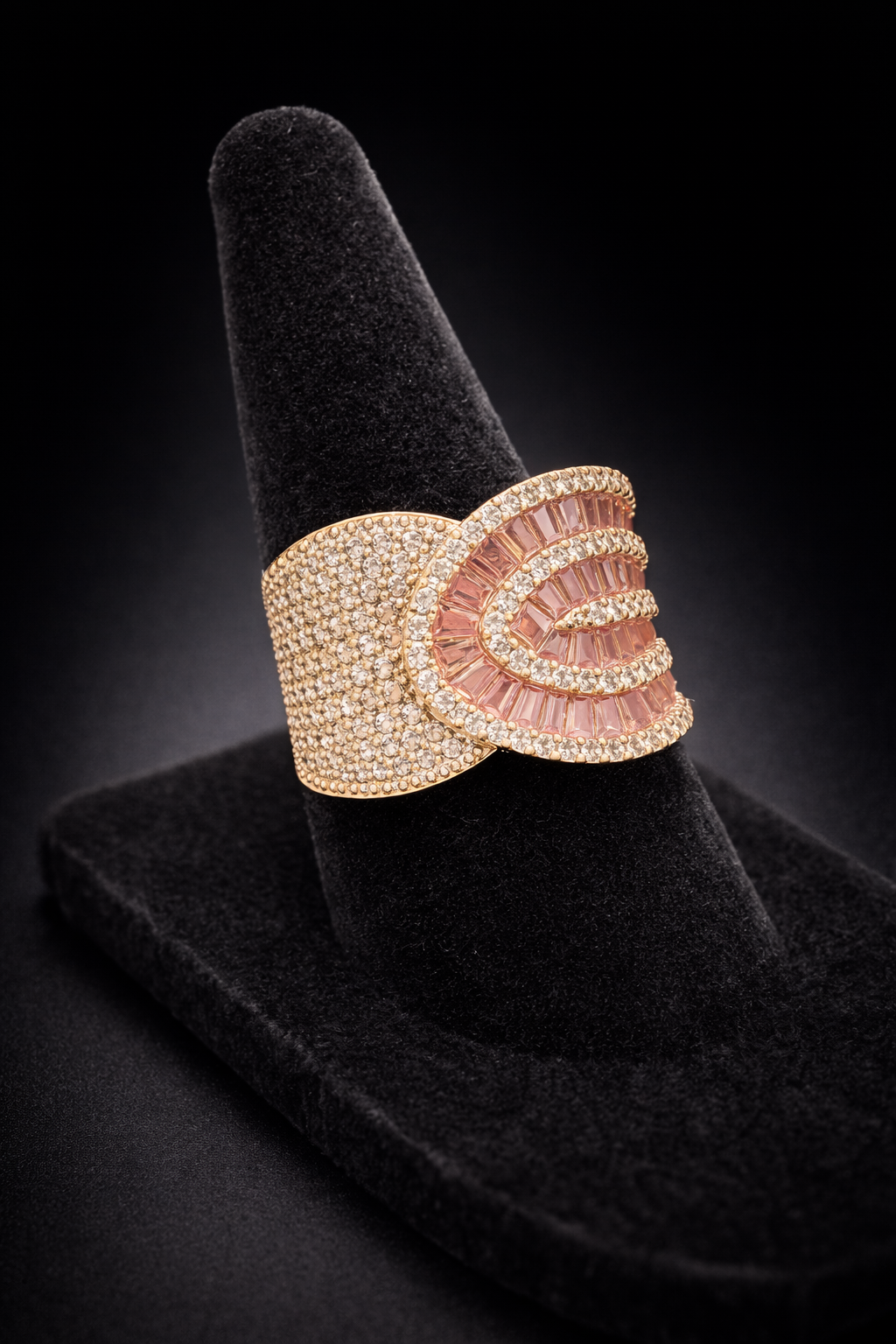 Rose Gold Tone Pink Crystal Statement Ring Baguette Wave Cocktail Design