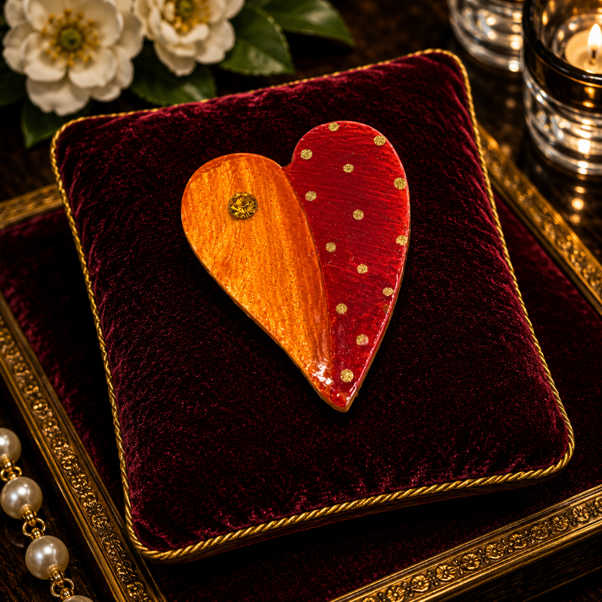 ELF hand-painted wooden heart brooch in red and orange