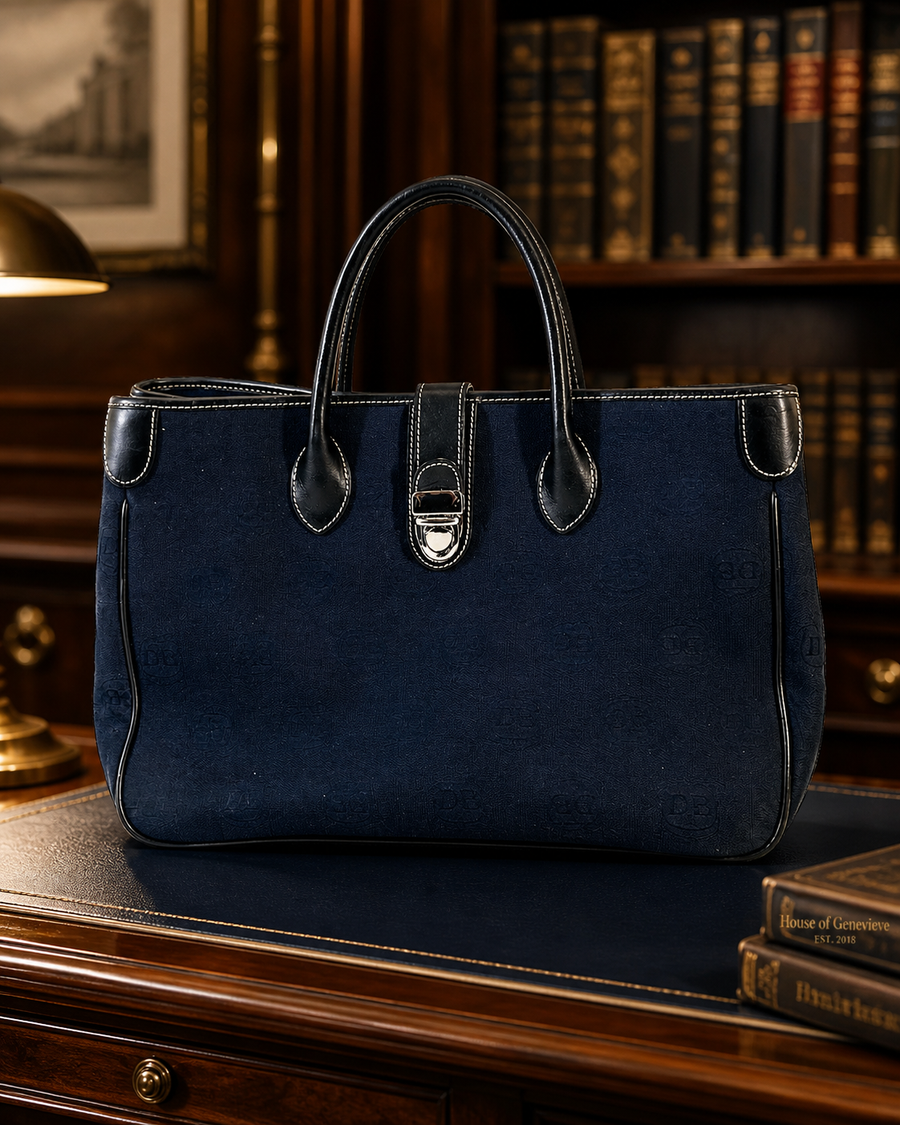 Navy tonal monogram canvas satchel tote with leather trim and rolled handles