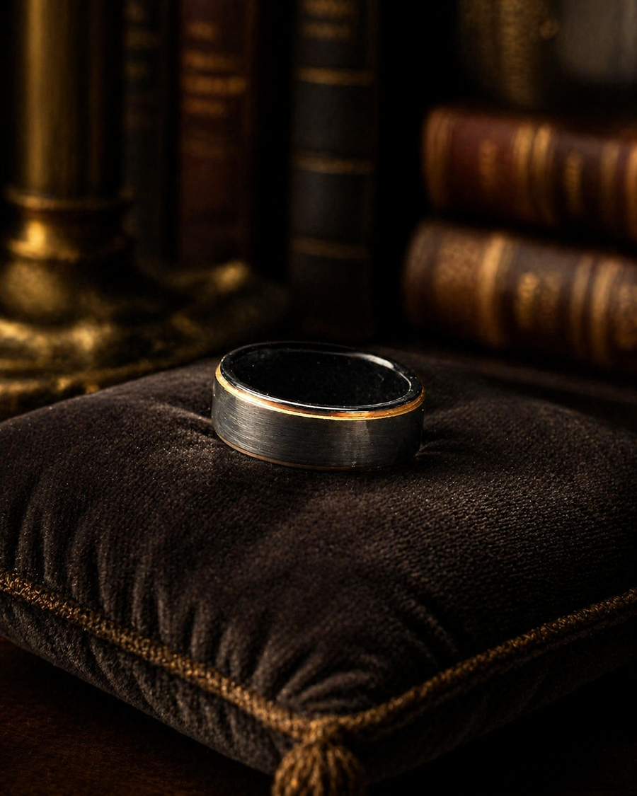 Men's wedding band with brushed black exterior and gold-tone interior, listed as tungsten