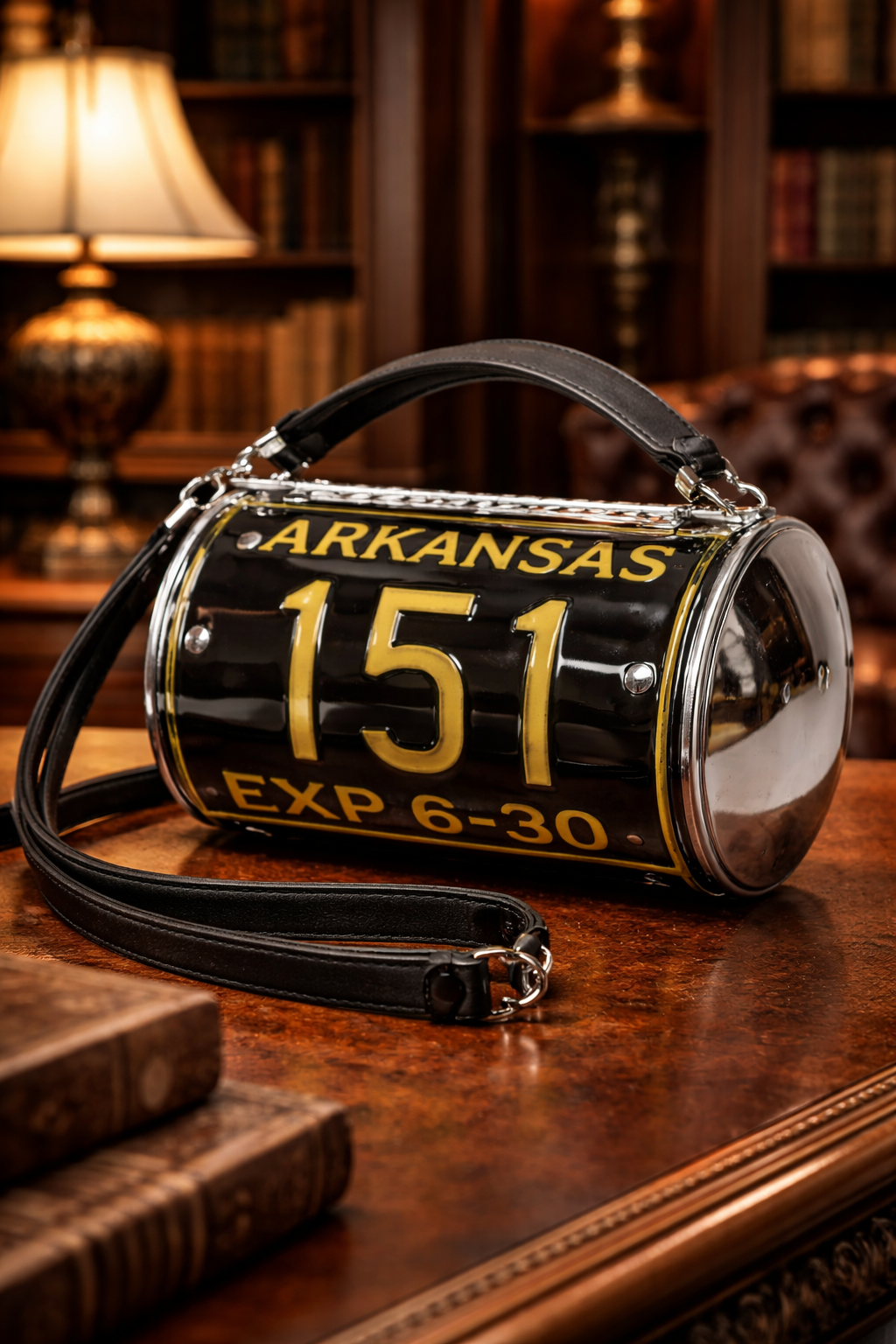 Arkansas license plate novelty barrel crossbody bag in black and yellow with bottle cap clasp