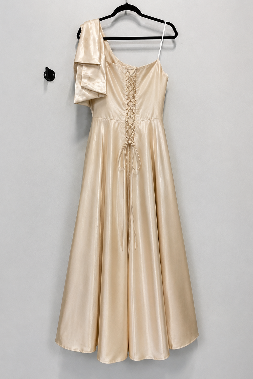 RS Champagne One-Shoulder Formal Gown Size 14 NWT | Satin Bow Evening Dress
