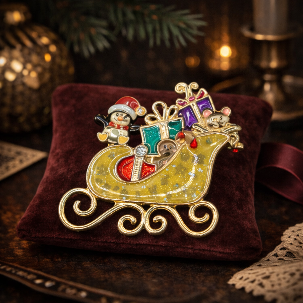 Gold-tone Santa in sleigh Christmas brooch with colorful enamel gifts and rhinestones