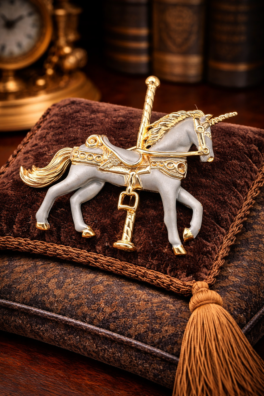 Gray enamel carousel unicorn brooch in gold tone with rhinestone-accented saddle