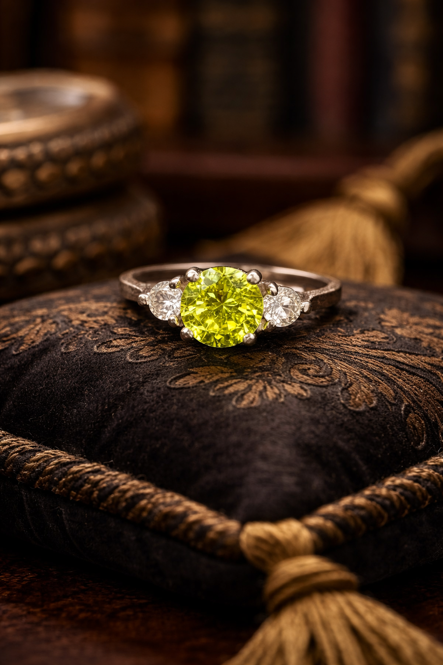 Silver-tone three stone ring with round lime green center and clear side stones, size 6.75